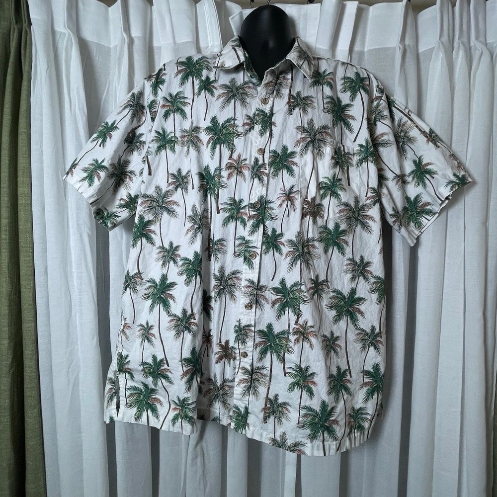 Cooke Street Hawaiian Shirt Men 2XL Palm Tree Print Cotton White Green Short Slv